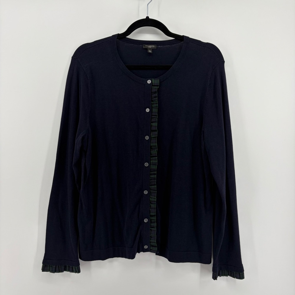 Talbots Petites Navy Blue Button Front Cardigan Ruffle Trim XL‎ Petite